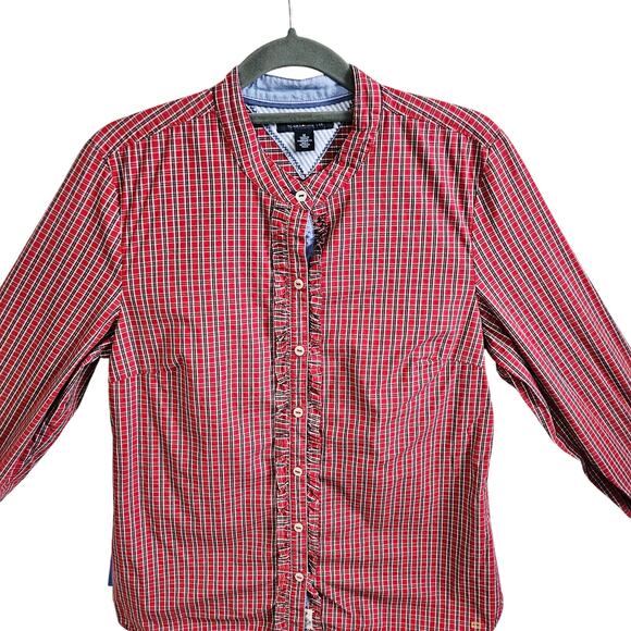Tommy Hilfiger Women's M Ruffle Front Button Up Red Green Plaid Checkered - Picture 2 of 8